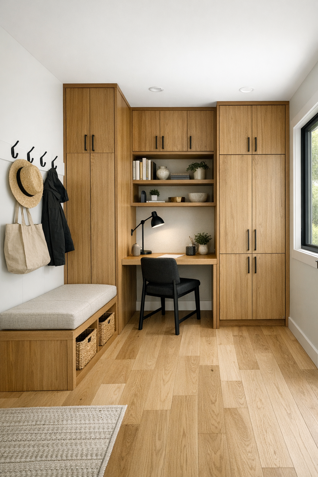 Functional entry and flex area with built-in bench, desk nook, and warm wood storage