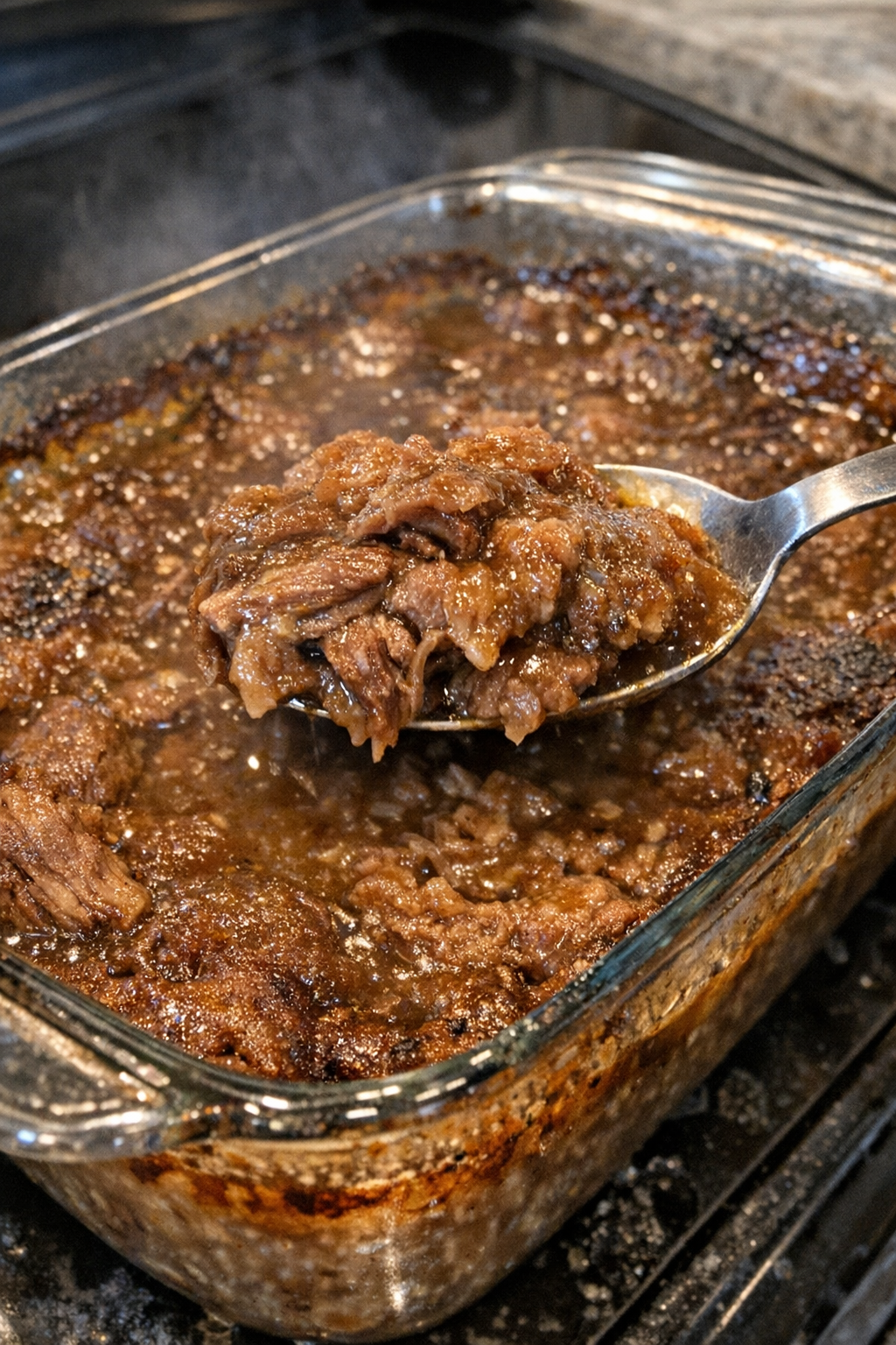 Tender beef in brown gravy in a glass casserole dish