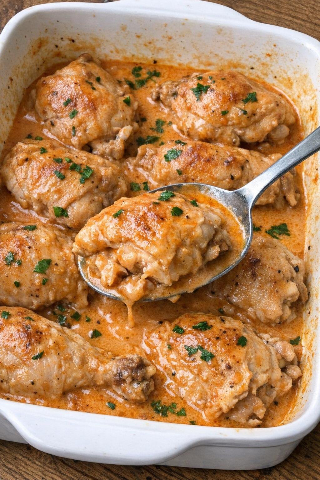 Chicken paprikash in a white casserole dish