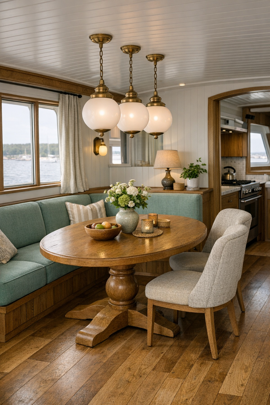 Dining area with oak pedestal table, upholstered chairs, and banquette seating
