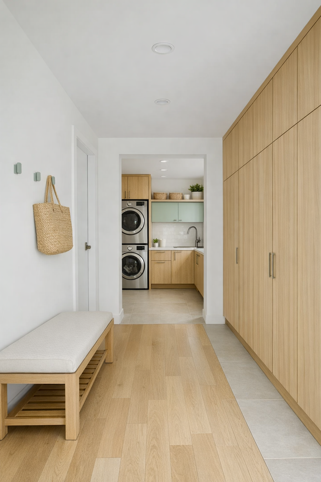 Wide hallway and entry area with built-in storage, pale oak cabinetry, and clean modern finishes