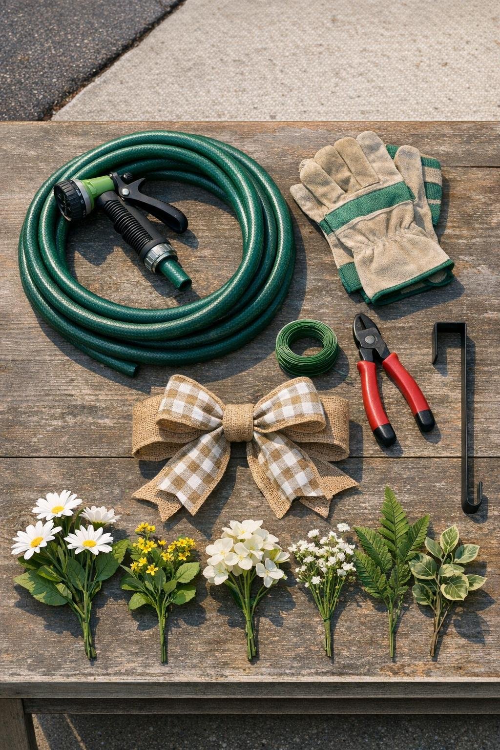 Materials for making a garden hose wreath laid out together