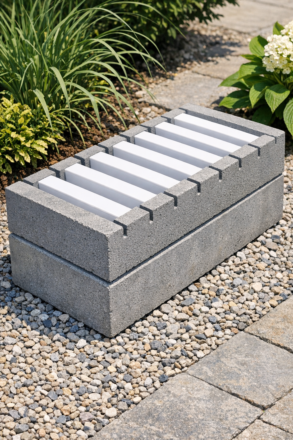 Finished heavy slatted yard block made from cement and plastic window blinds
