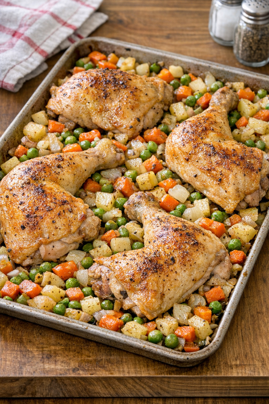 Finished baked chicken leg quarters on a sheet pan with tender vegetables