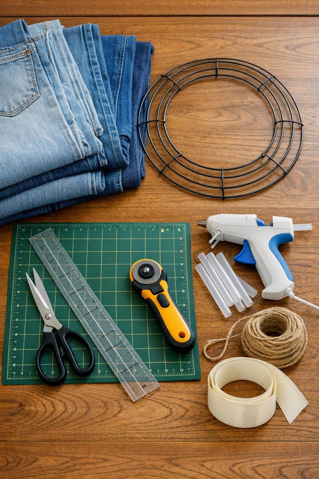 Denim wreath materials laid out on a table