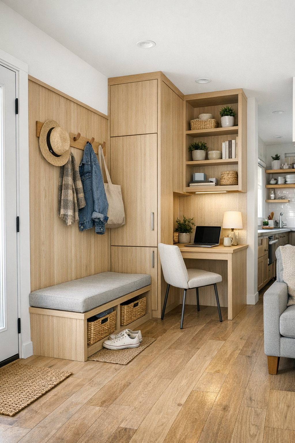 Tiny home entry and multifunctional storage area with built-in bench