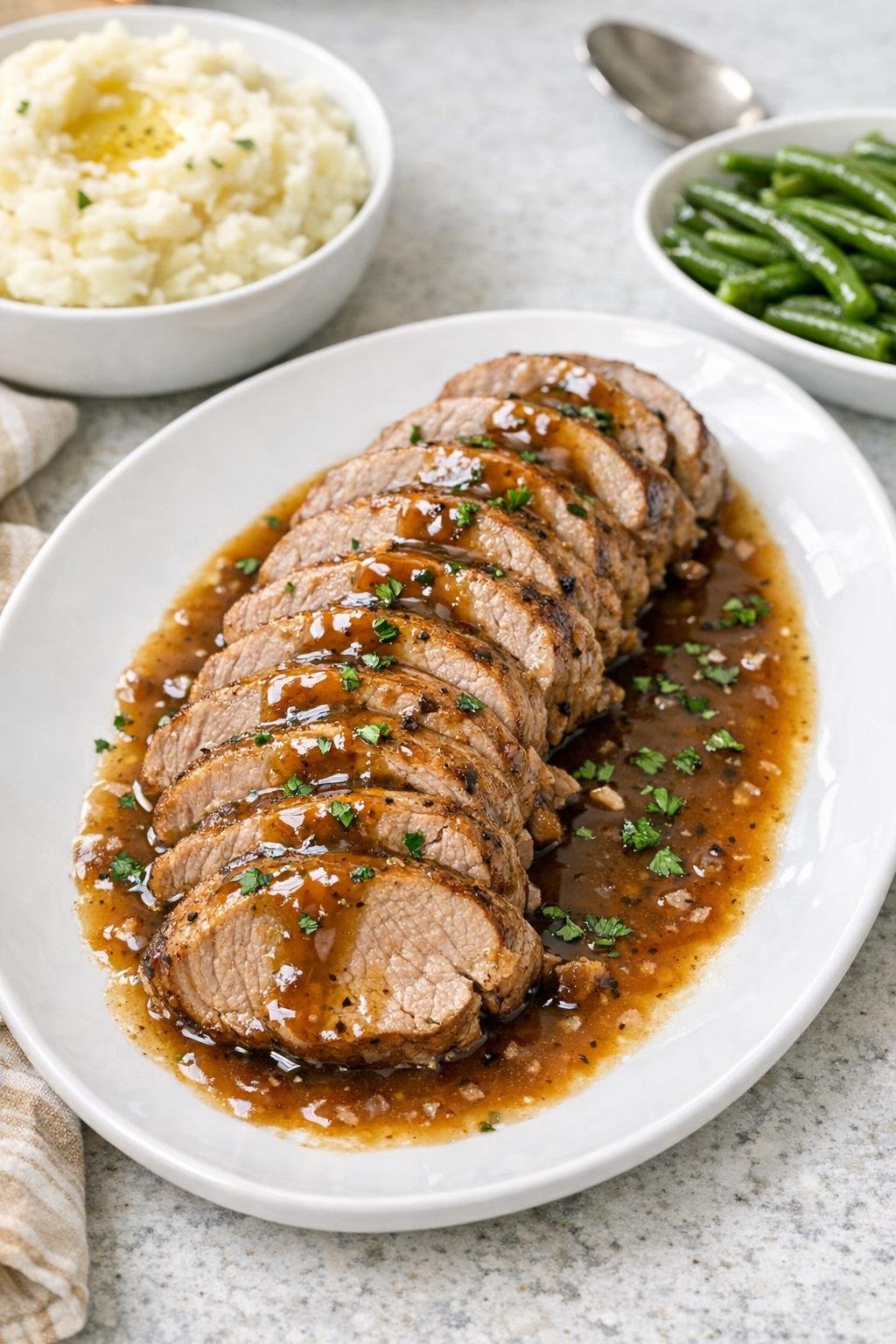 Finished sliced pork tenderloin with savory gravy on a platter