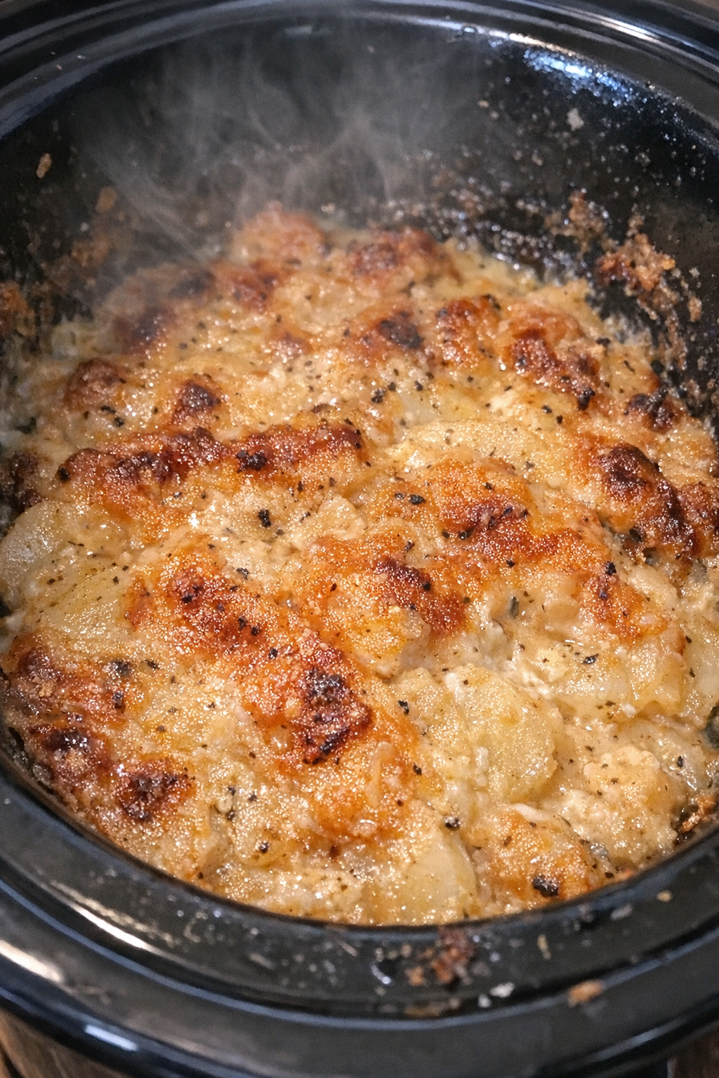 Steaming golden-crusted Amish Independence Bake in a slow cooker