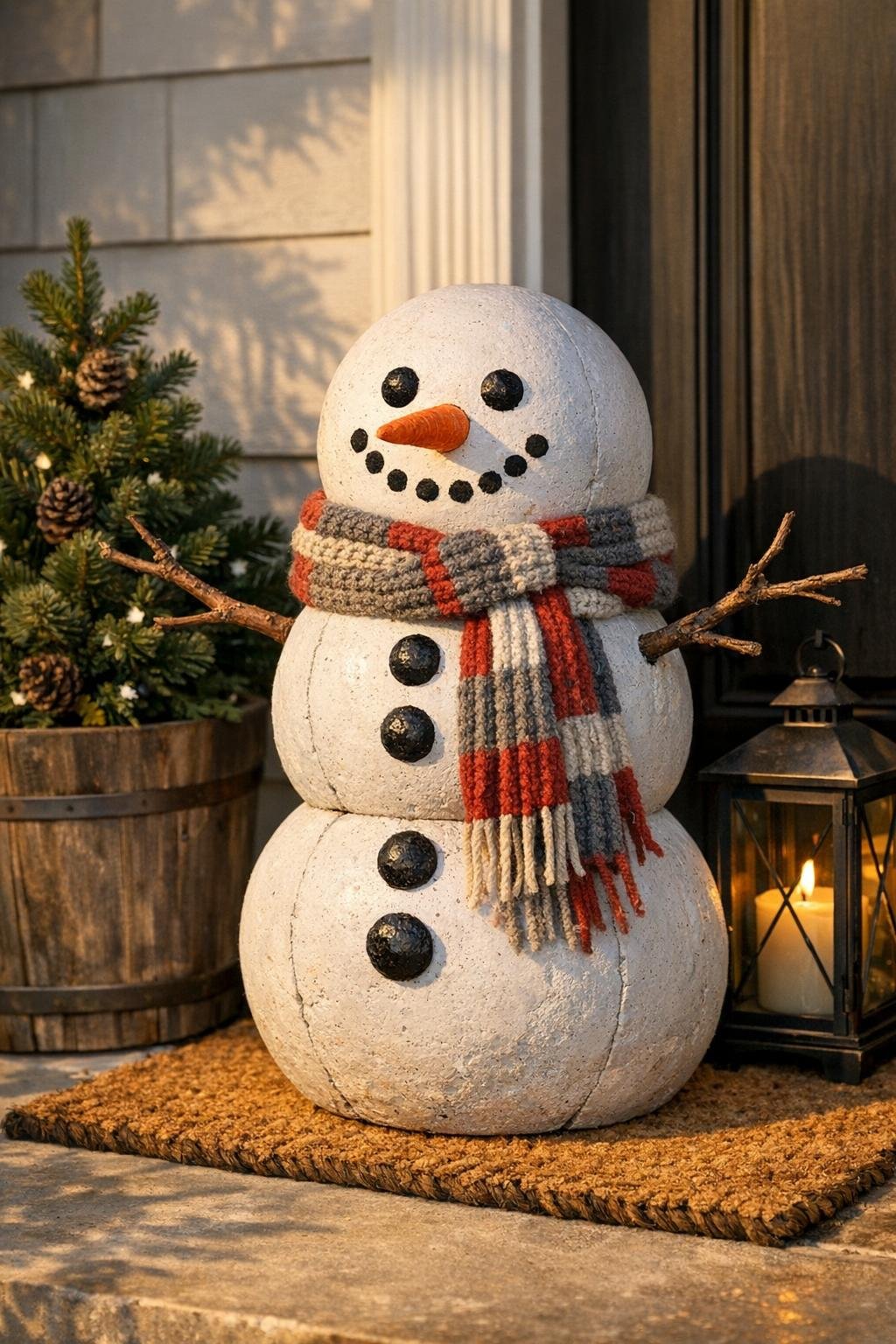 Finished concrete porch snowman displayed on a front porch