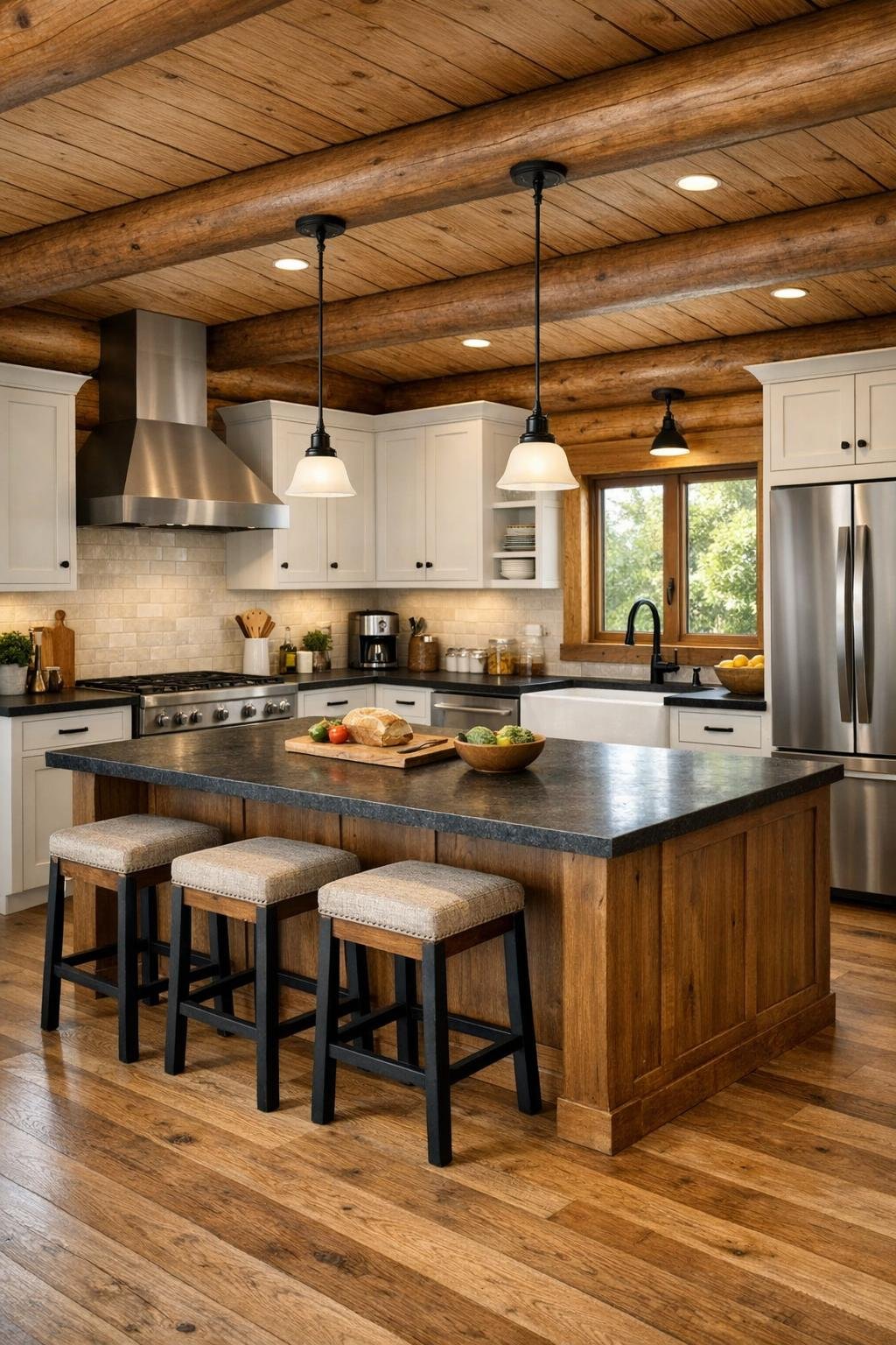 Bright rustic kitchen with white cabinets and a wood island