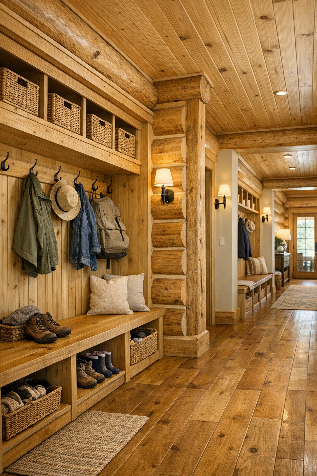 Practical mudroom and hallway with built-in storage in a bright log home