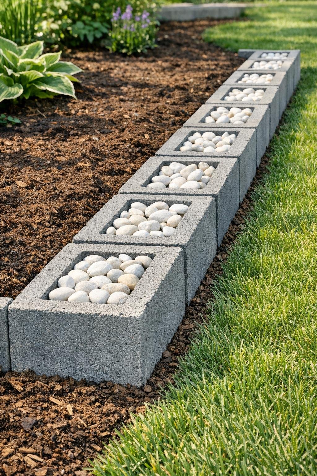 Finished garden border made from grey cinder blocks filled with white river rock