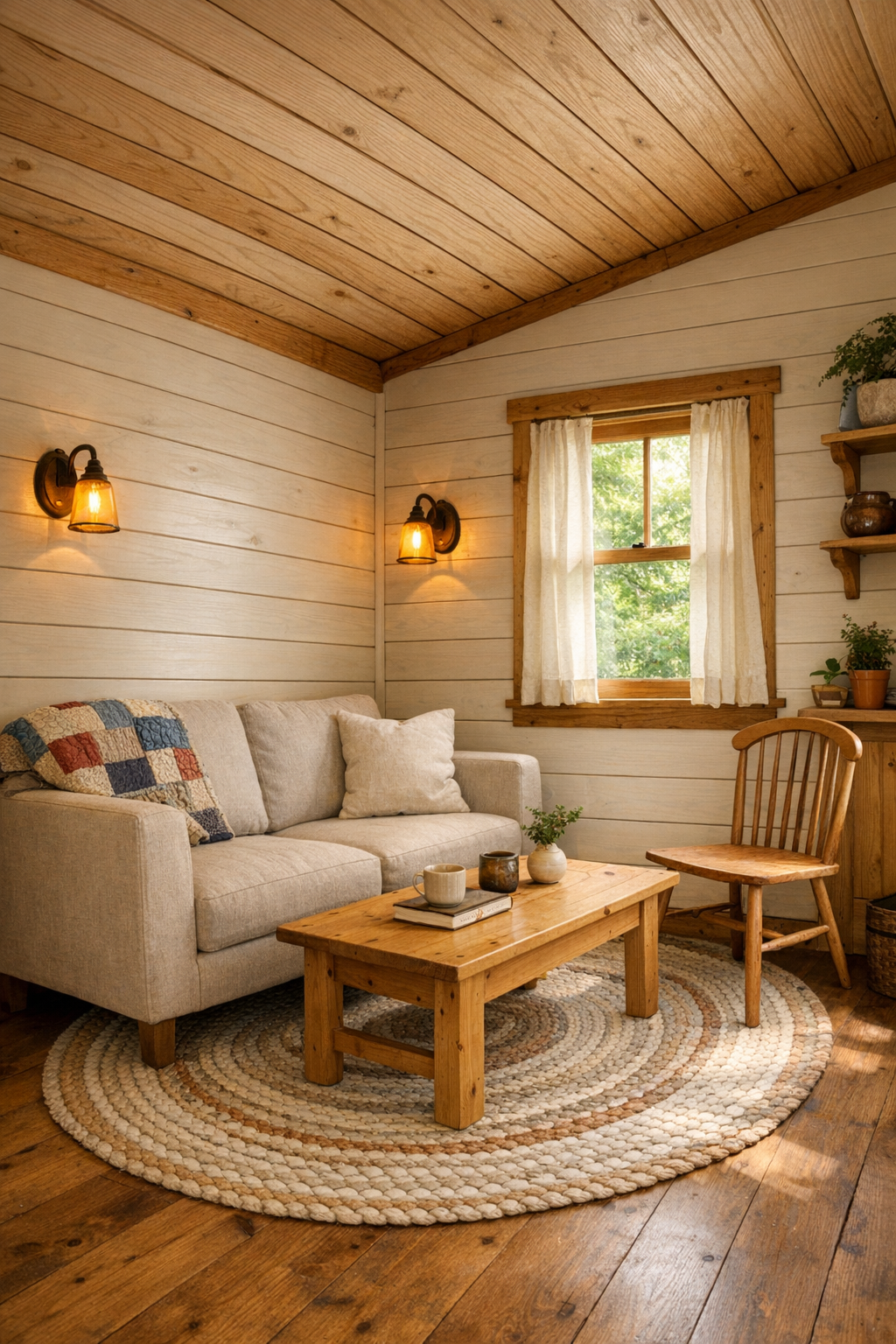 Cozy tiny home living room with cream paneled walls, wood ceiling, and simple handcrafted furniture