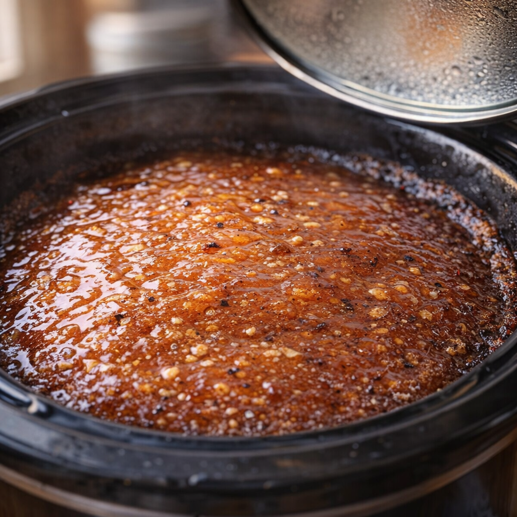 Finished spiced amber cake resting in the slow cooker