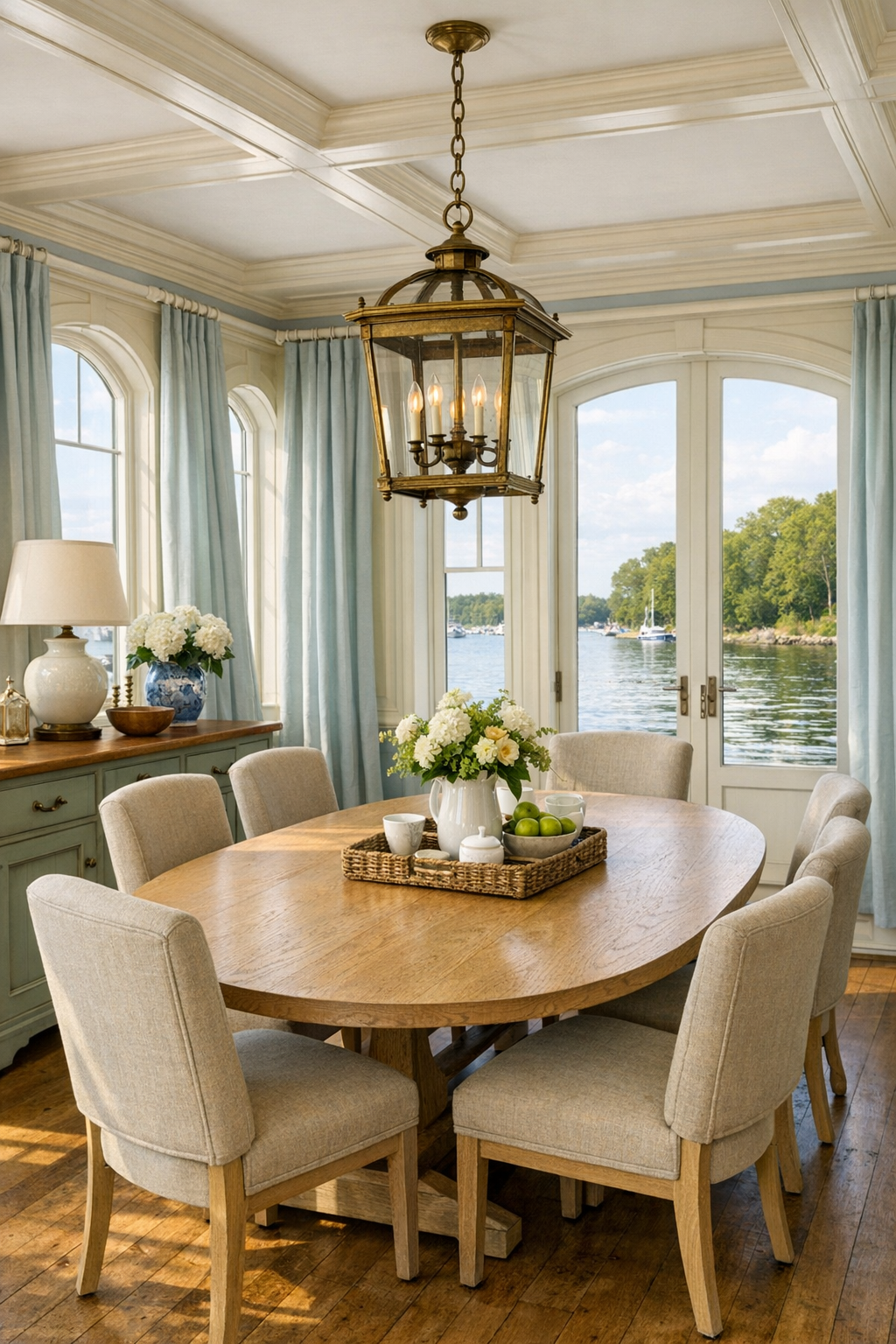 Light-filled dining room with oval oak table and aged brass lantern chandelier
