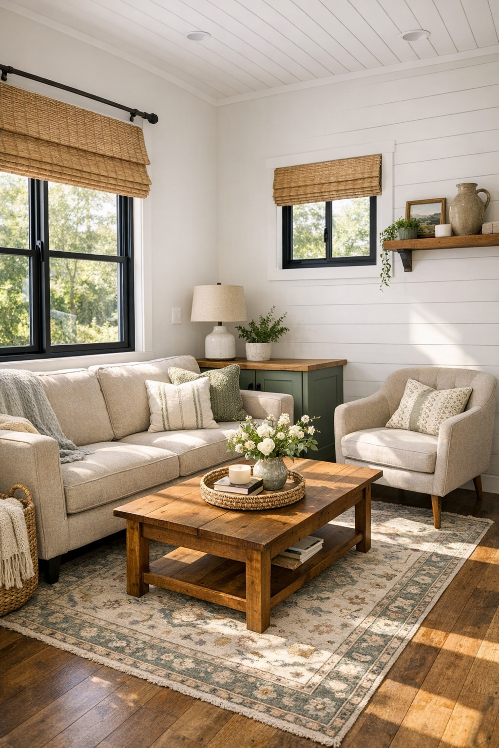 Cozy farmhouse living room with sage accents, oatmeal seating, and warm wood finishes