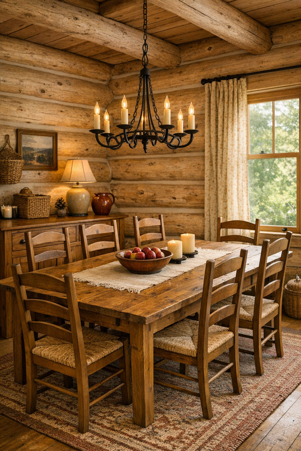 Rustic dining room with handcrafted wood table and iron chandelier