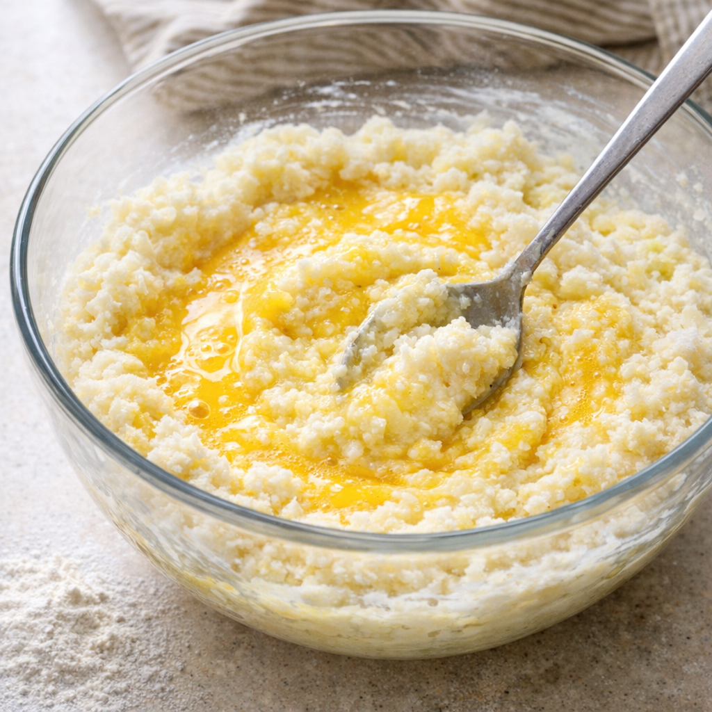 Mashed potato mixture being stirred in a mixing bowl
