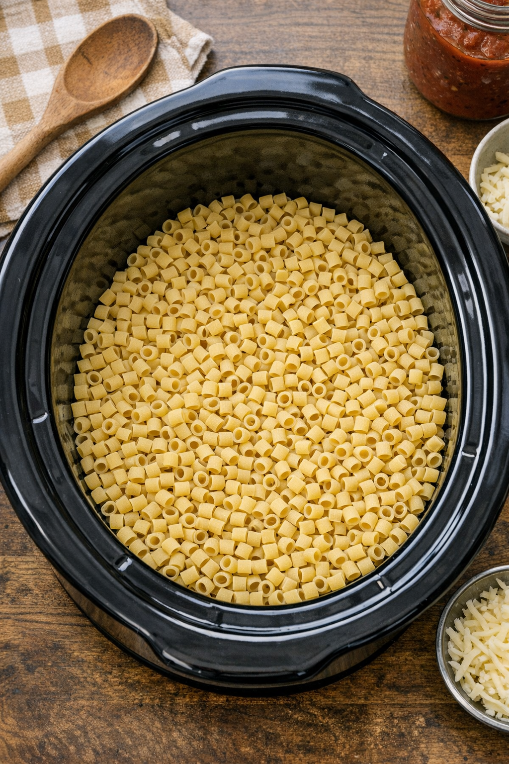 Dry tubetti spread in the slow cooker
