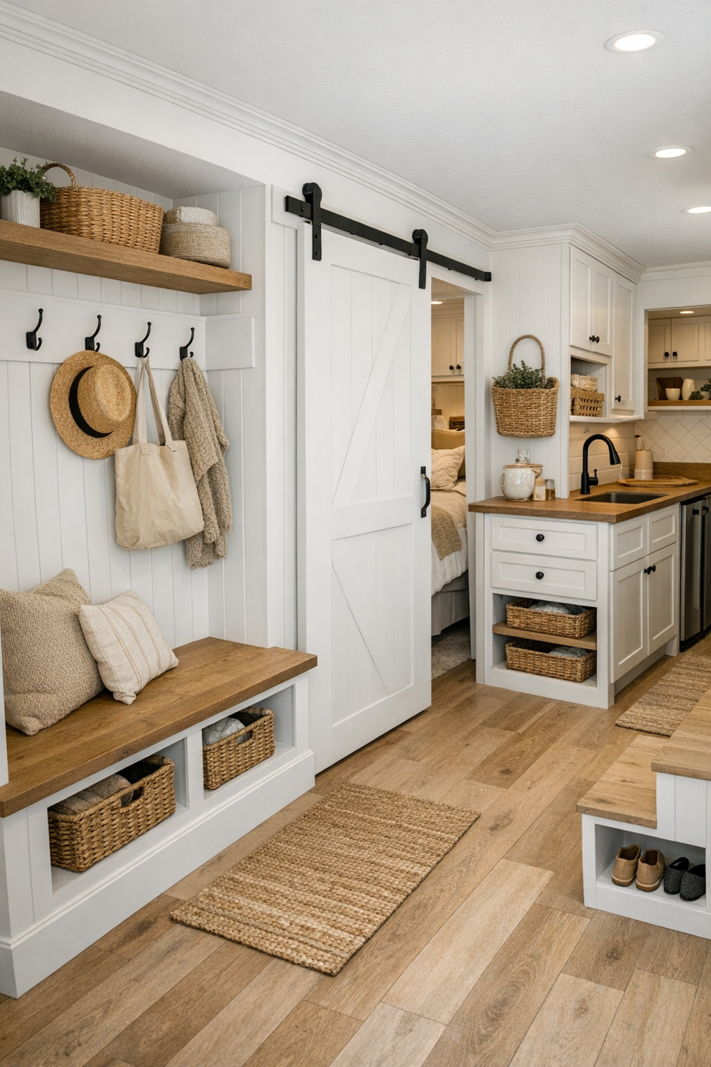 Smart farmhouse entry and storage area with built-ins in a compact RV