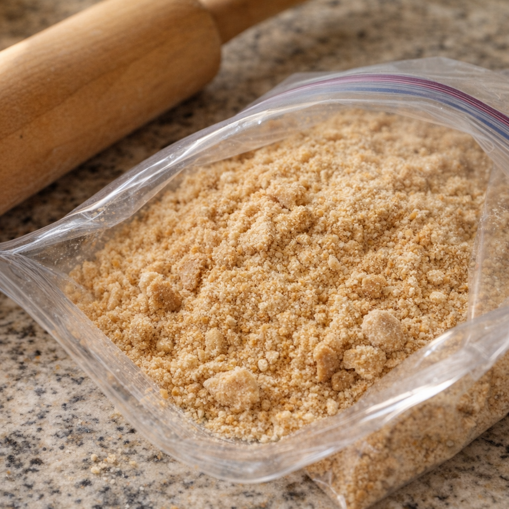 Crushed graham crackers in a zip-top bag
