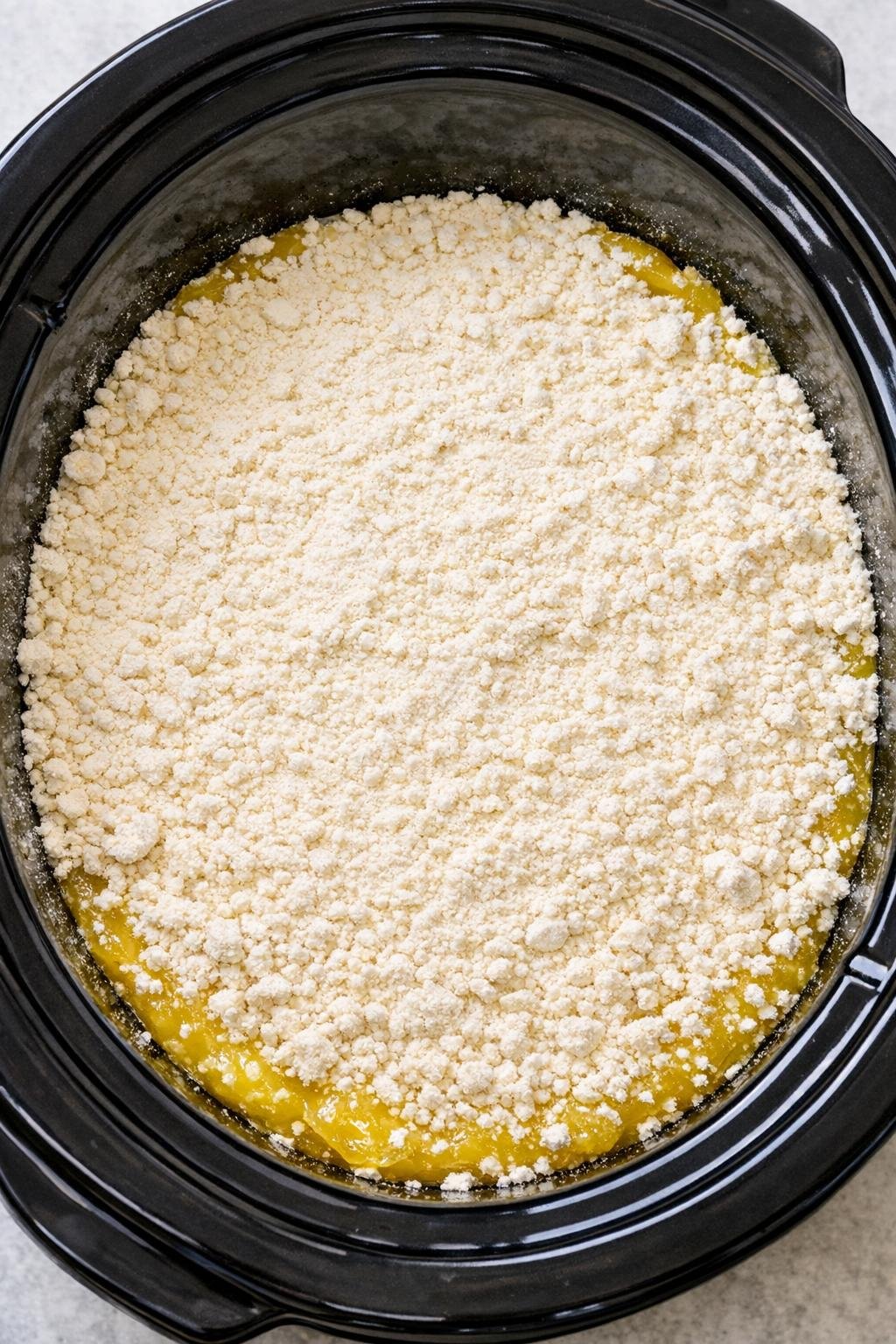 Dry lemon cake mix layered over filling