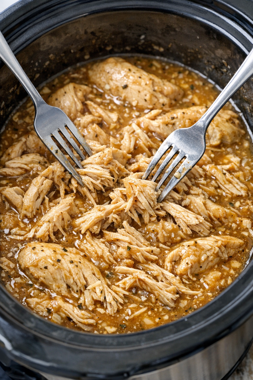 Cooked chicken shredded into gravy
