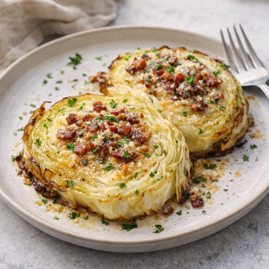Roasted cabbage steaks on a weeknight dinner plate