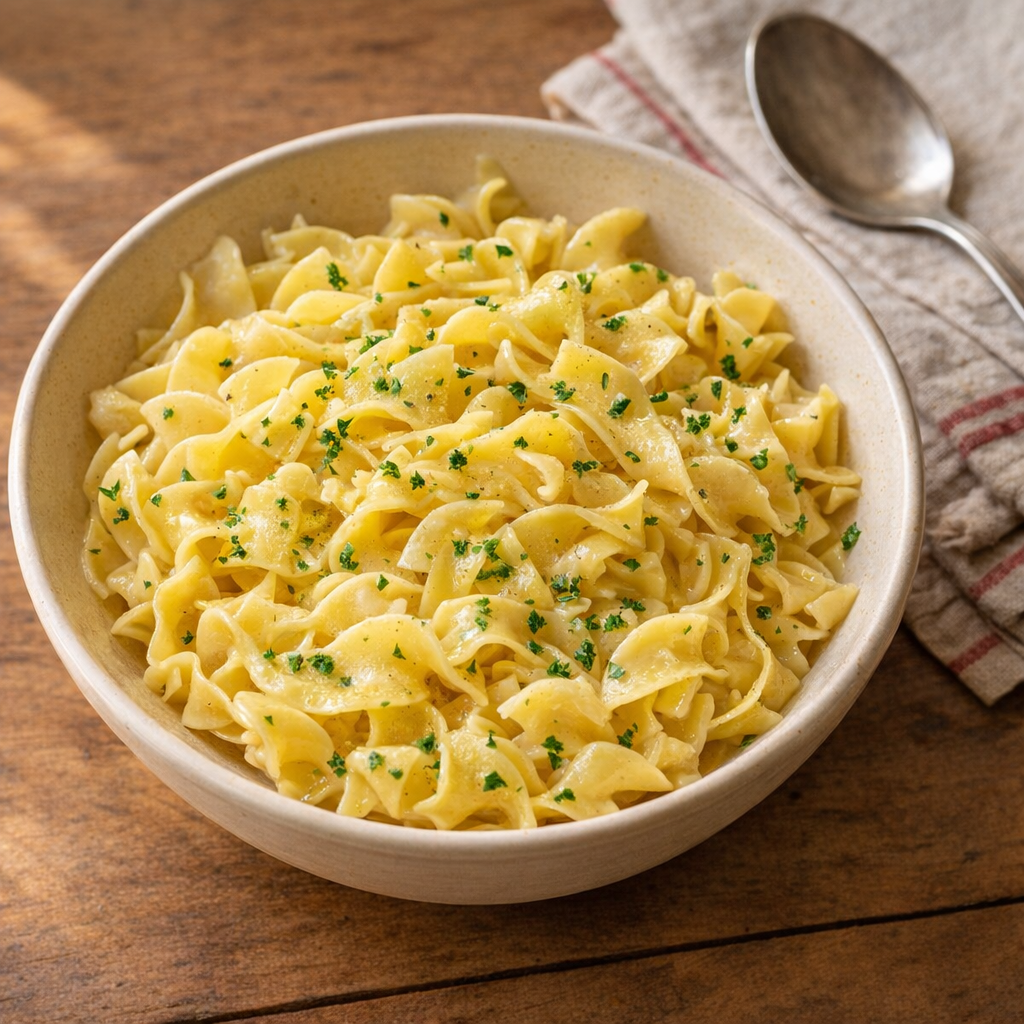 Slow cooker buttered noodles in a serving bowl