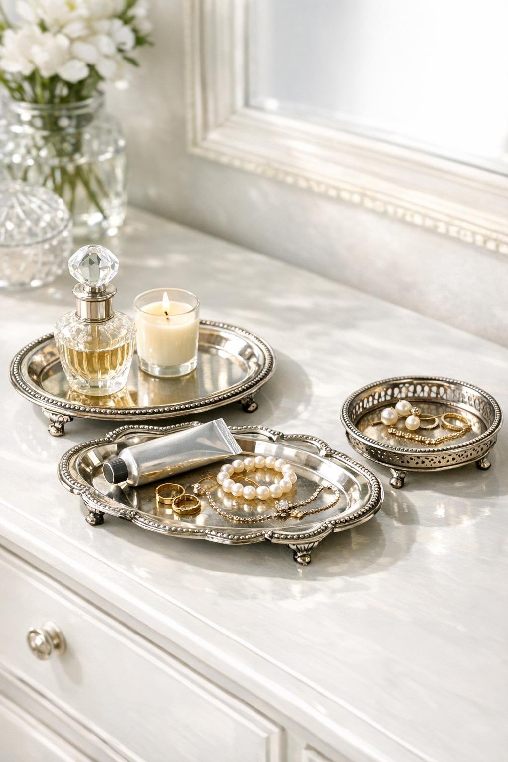 Completed vintage silver vanity tray set styled on a dresser