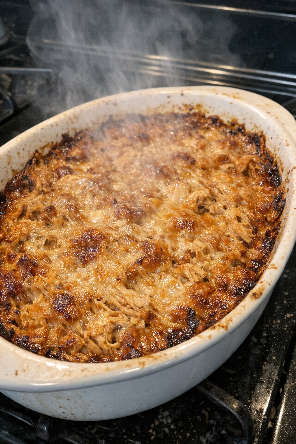 Bubbling baked chicken casserole in a ceramic dish