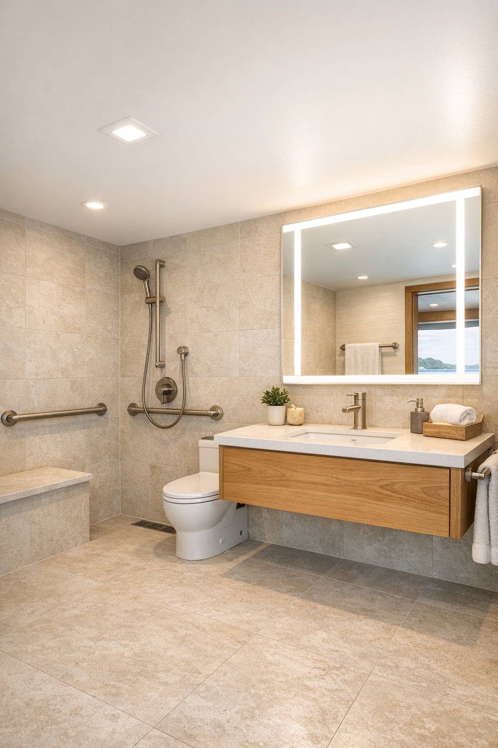 Elegant barrier-free houseboat bathroom with a curbless shower, pale stone-look tile, oak vanity, and soft integrated lighting