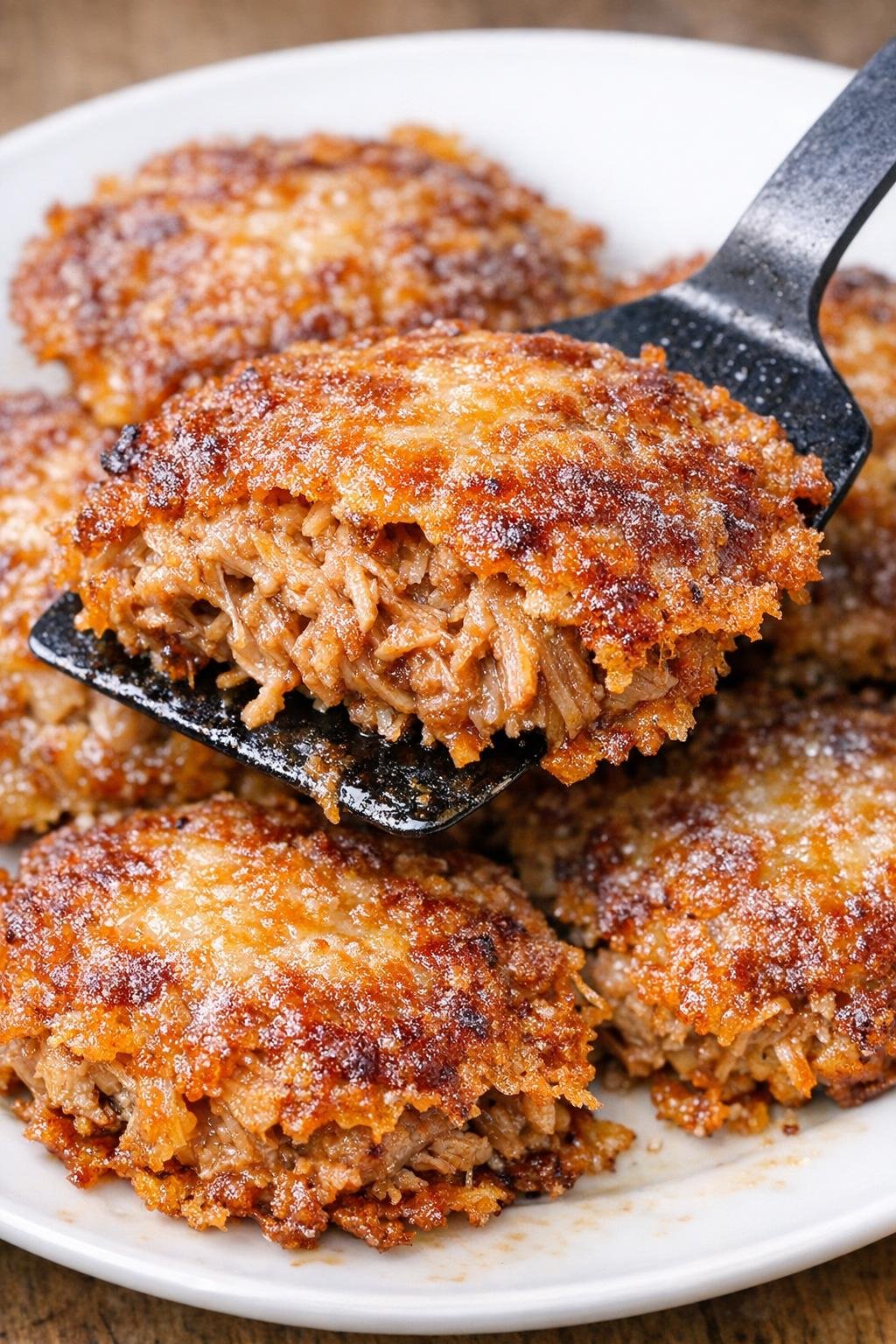 Low carb pulled pork Kensington patties on a white plate