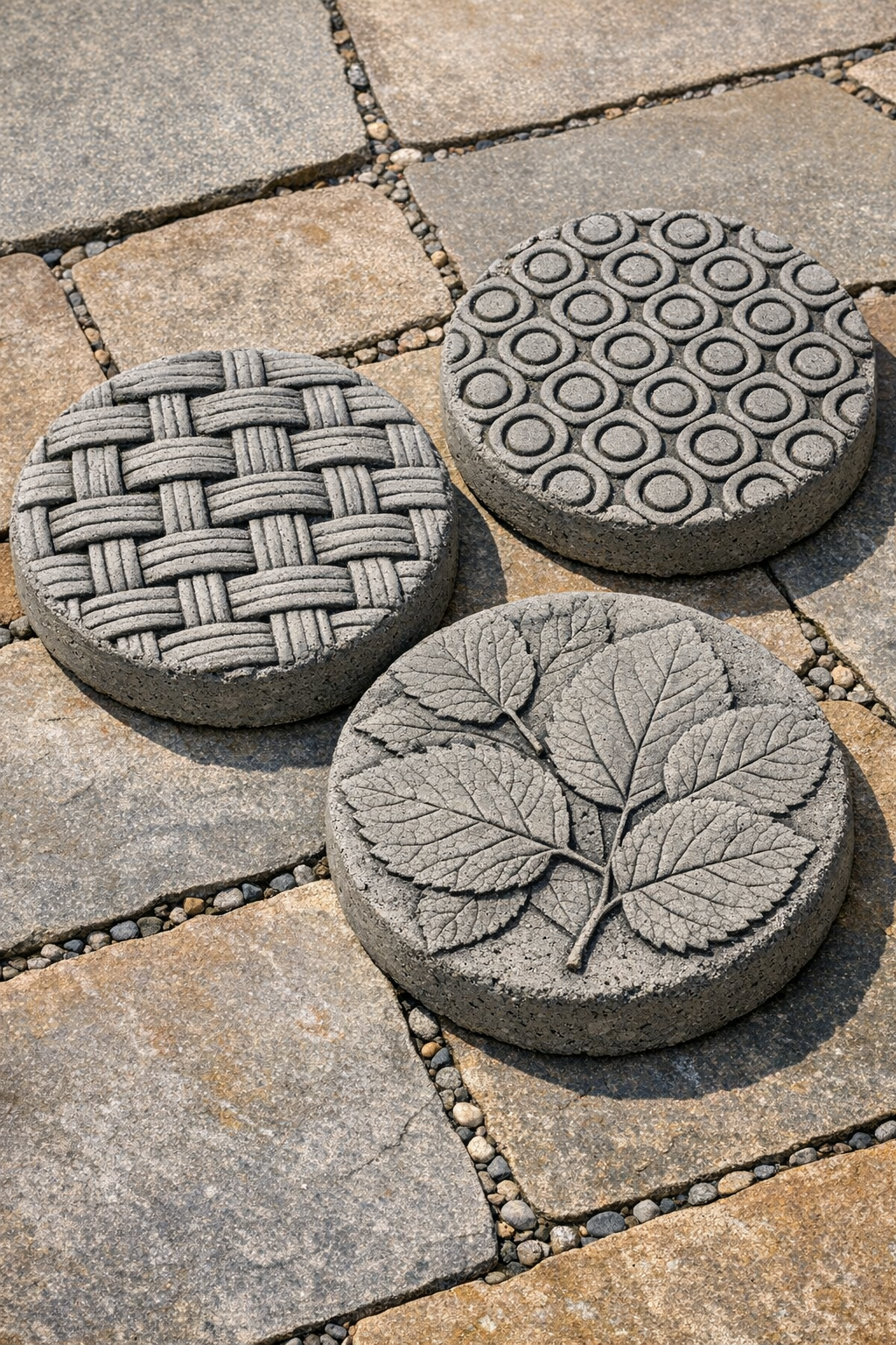 Three finished heavy patterned cement patio stones