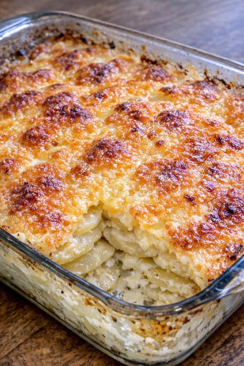 Golden potato gratin fresh from the oven