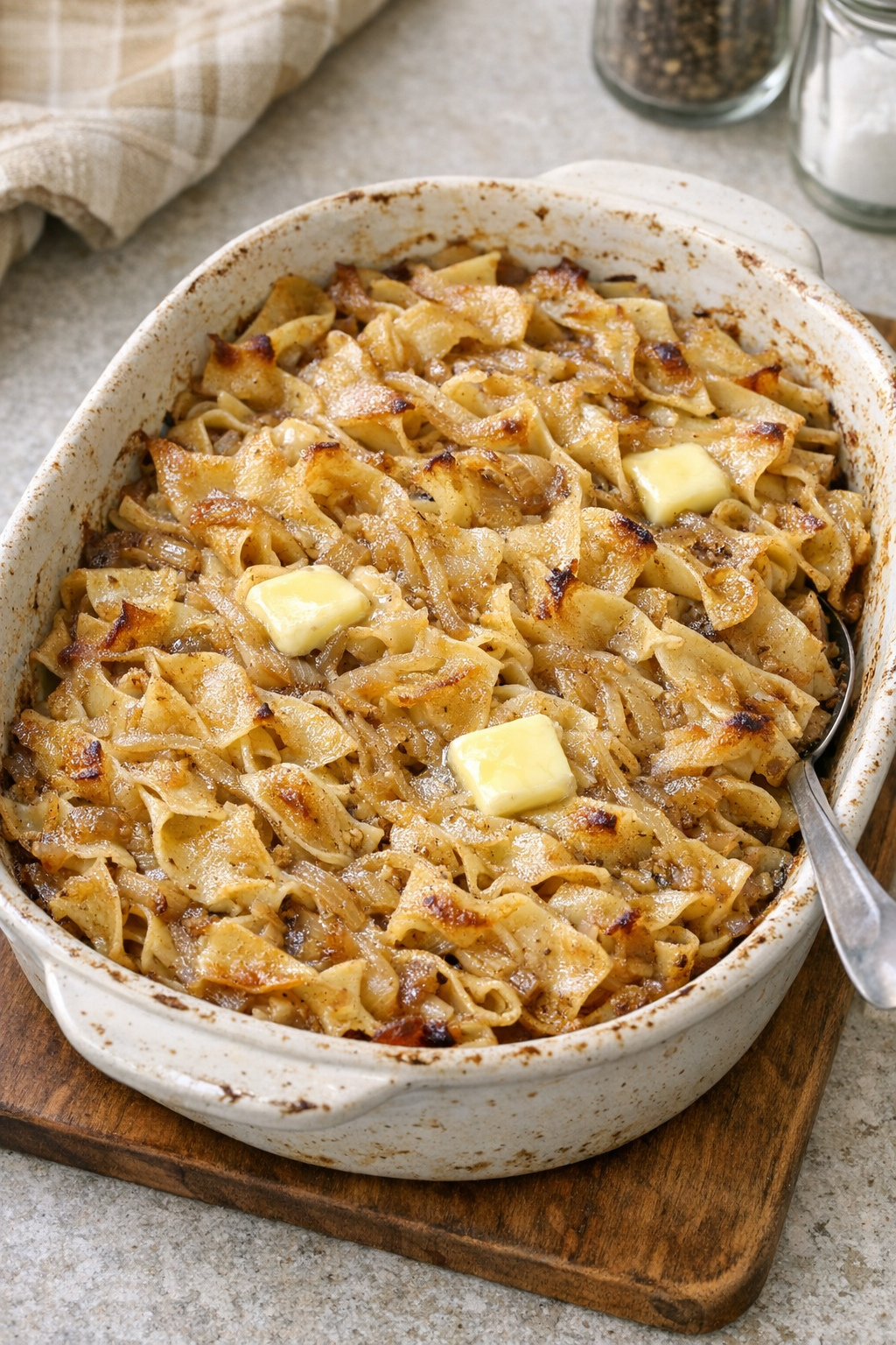 Baked French onion soup noodles in a casserole dish