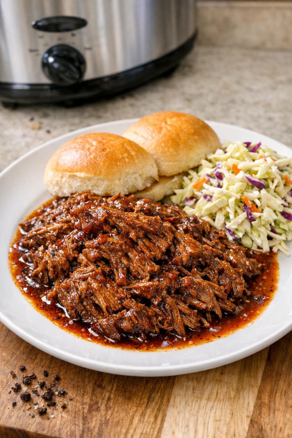 Tender slow cooker sirloin beef plated with sauce