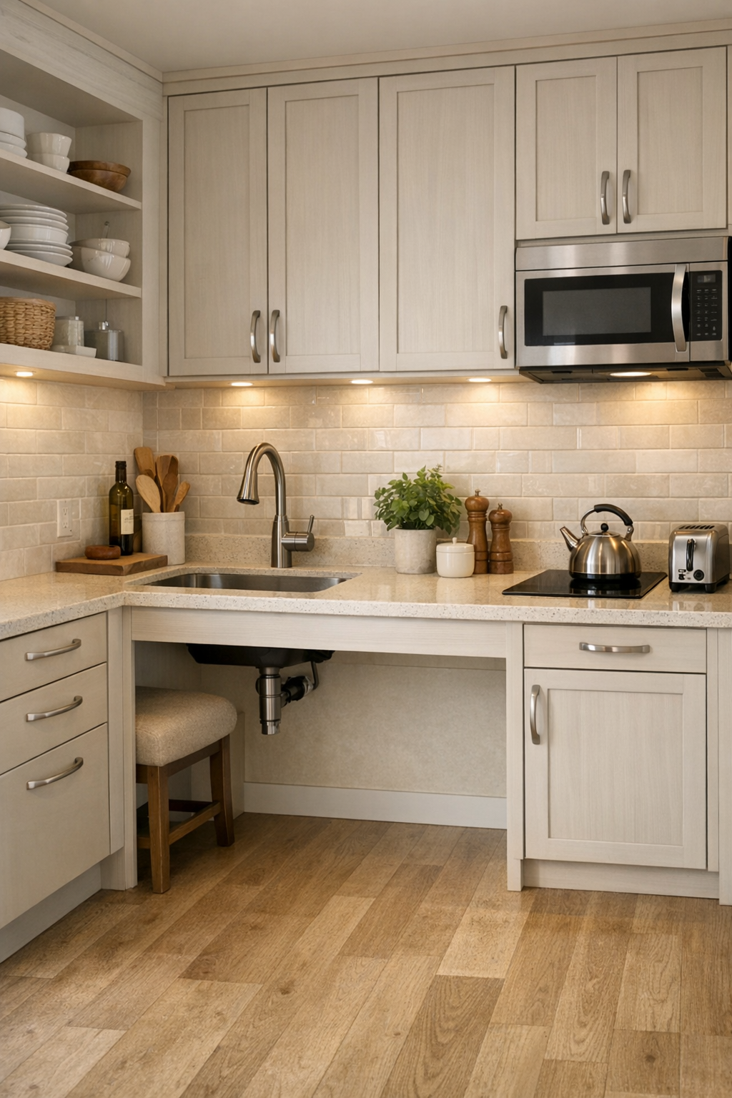 Soft oat accessible tiny home kitchen with matte cabinetry and pale counters