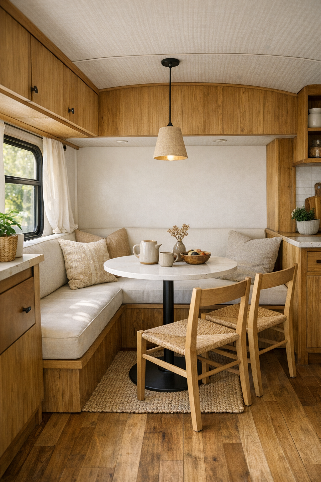 Compact dining nook inside the bus with banquette seating and a slim table