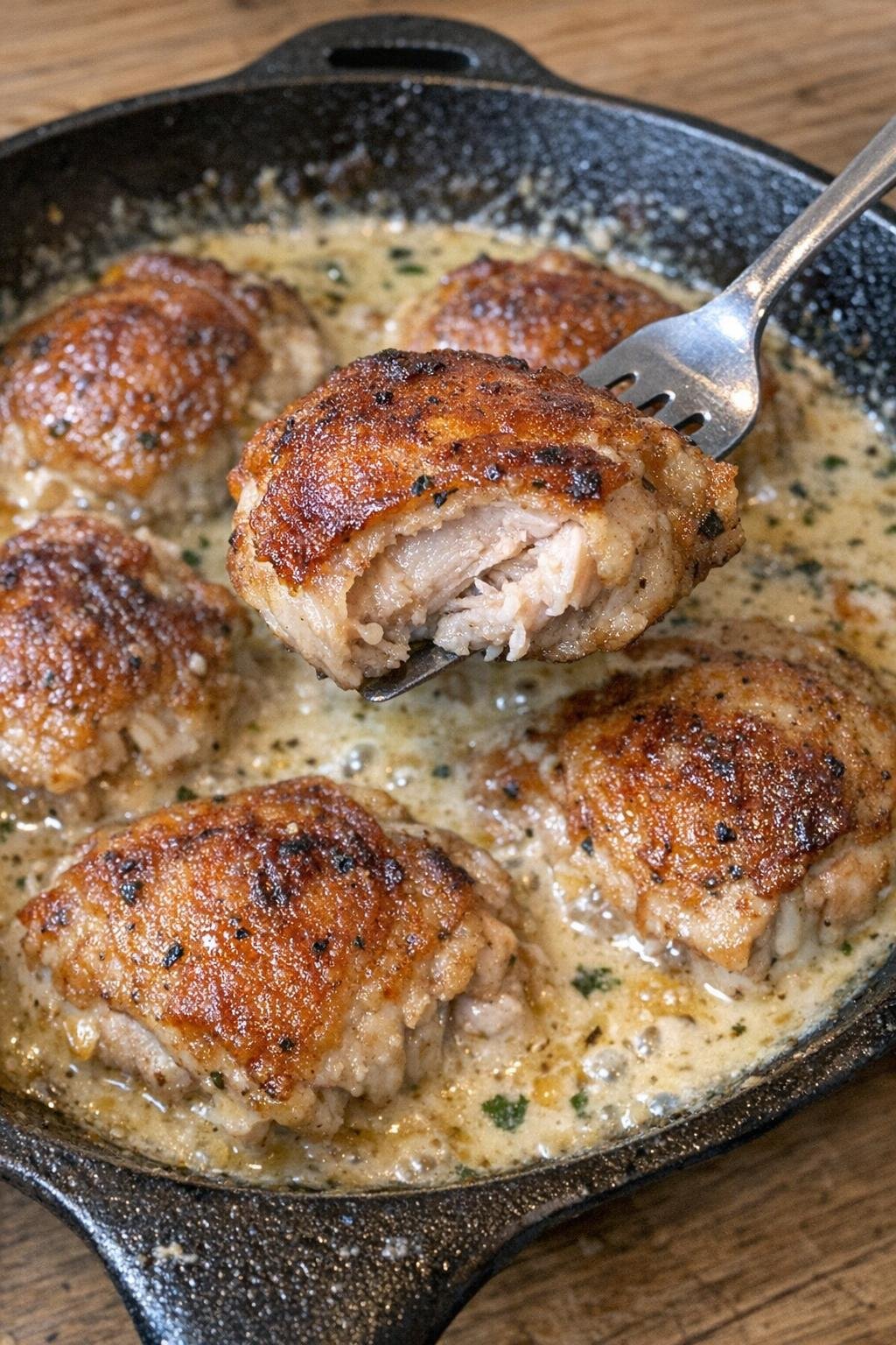 Crispy golden brown chicken thighs in creamy sauce in a cast iron skillet