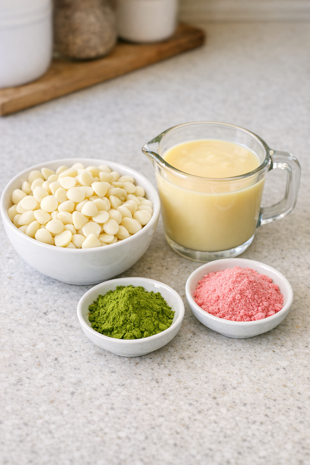 Main ingredients for strawberry matcha fudge