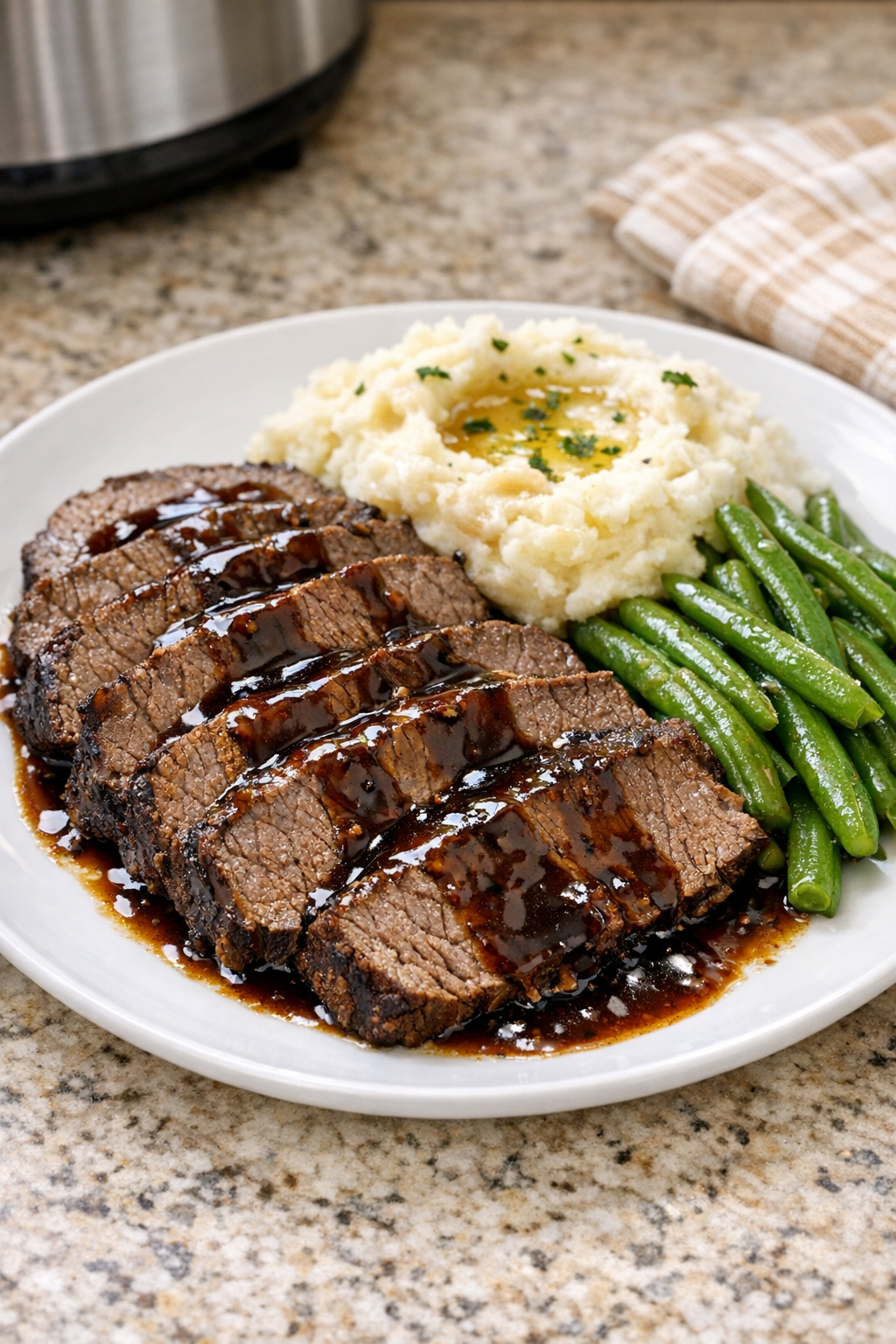 Finished Amish molasses beef plated with gravy