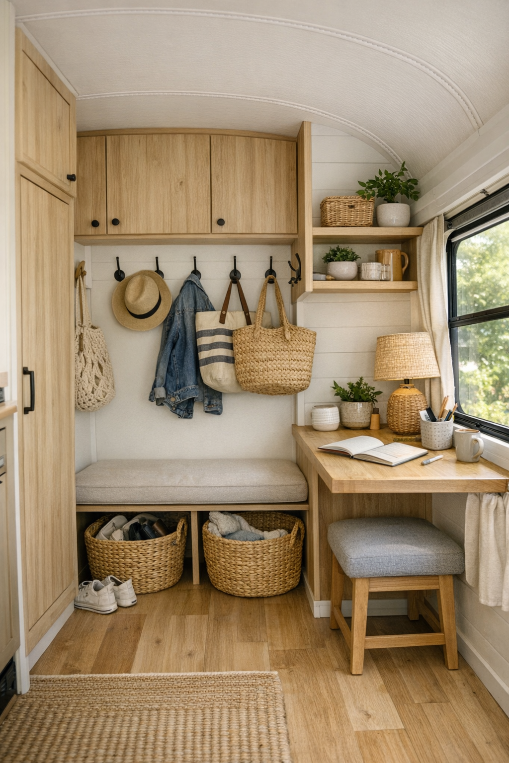 Thoughtful utility and storage area in a converted bus with built-in hooks, cabinetry, and a small desk nook
