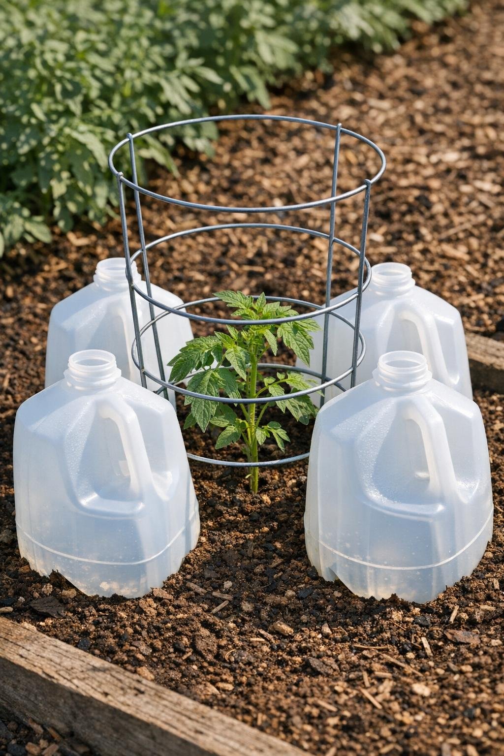Finished milk jug watering reservoir and frost guard in a garden bed