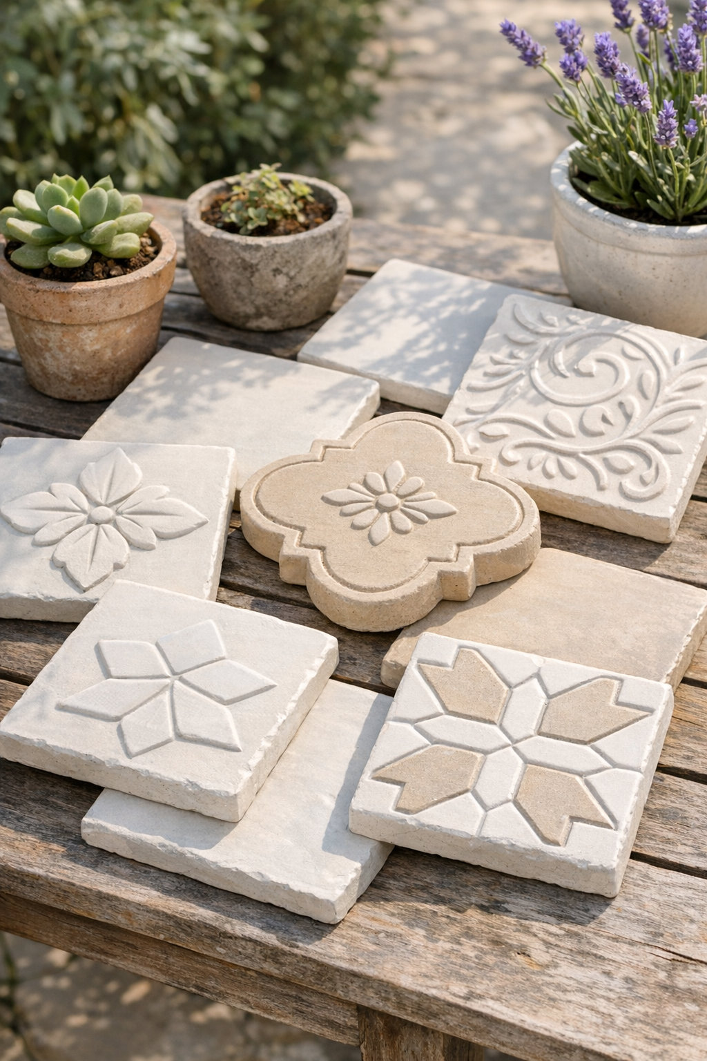 Finished faux ceramic outdoor tiles made from styrofoam egg cartons