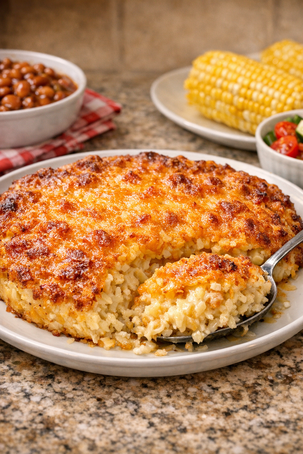 Golden crispy hash brown casserole plated for serving