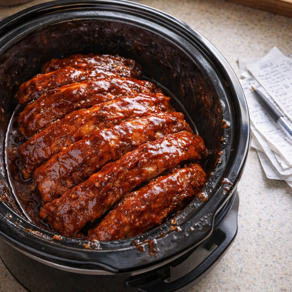 Slow cooker ribs with sauce on a country kitchen counter