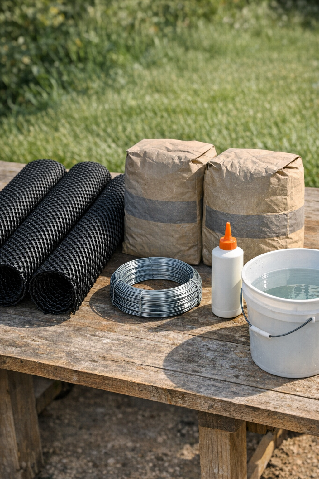 Plastic gutter guards and cement mix laid out for the project