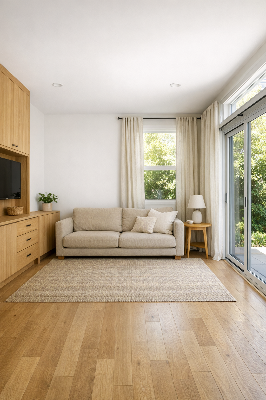 Accessible tiny home living room with oak built-ins and soft neutral furnishings