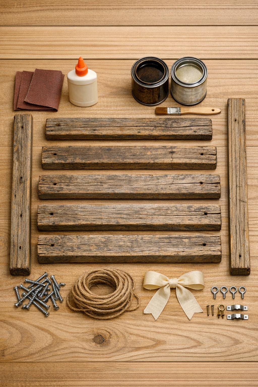 Materials laid out for a ladder rung wall tree project